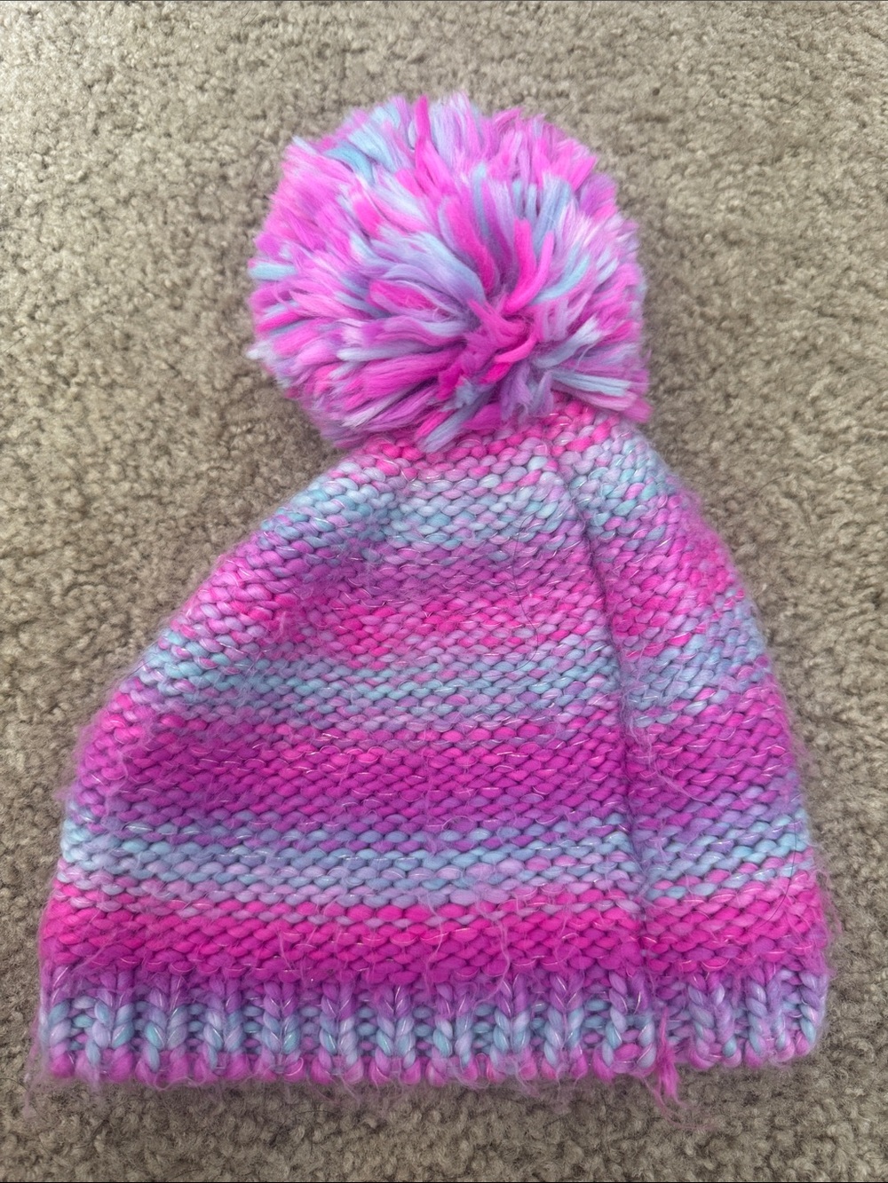 Kids Two-Tone Pink & Light Blue Pom Pom Knit Hat